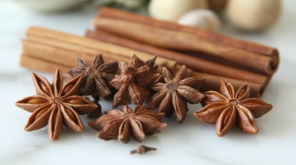 Star anise, cinnamon sticks and clove on white background.