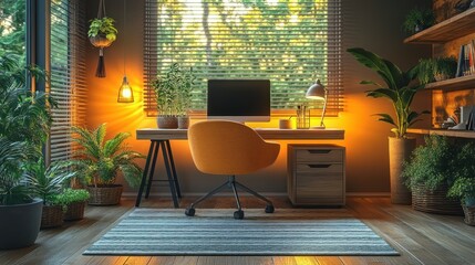Fototapeta premium Cozy home office with plants, warm lighting, and a stylish desk setup.