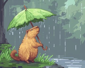 Rainy Day Refuge: A charming illustration of a cute capybara holding a green leaf umbrella for shelter during a downpour. The soft, pixelated art style adds a whimsical touch.