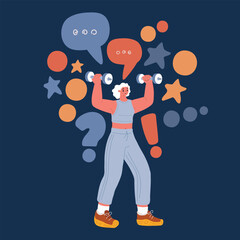 Cartoon vector illustration of a woman warming up with dumbbells, promoting fitness, strength, and wellness