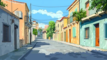 Fototapeta premium A Narrow, Sunlit Street Lined with Colorful Buildings