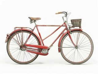 Fototapeta premium A vintage red bicycle with a basket, featuring classic design elements, perfect for leisurely rides and urban commuting.