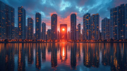 Fototapeta premium Stunning sunset over city skyline reflected in calm water.