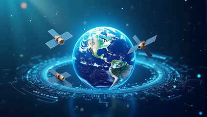 A digital Earth surrounded by satellites and data streams, symbolizing global communication and connectivity