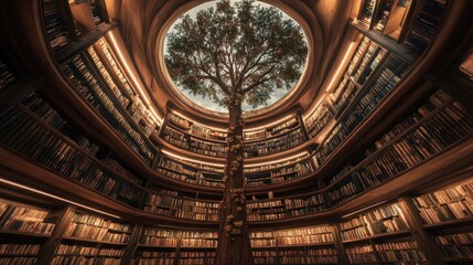 Obraz premium Circular library with tree, bookshelves, and skylight.
