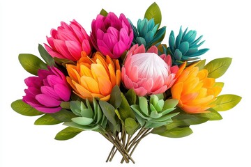 Fototapeta premium Vibrant and Colorful Paper Flowers Arrangement with Lush Green Leaves on a White Background