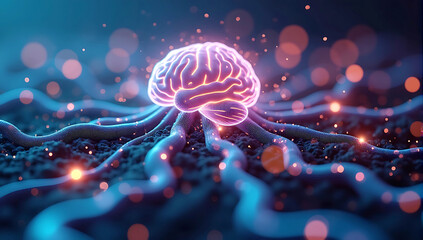 Fototapeta premium A futuristic depiction of glowing neural pathways resembling a digital brain network, symbolizing AI and data flow