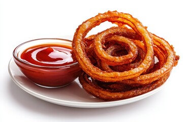 Fototapeta premium Delicious and Crispy Onion Rings Served with Tangy Ketchup on a White Plate