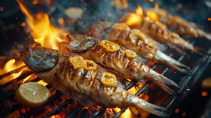 Closeup of succulent grilled fish fillets seasoned with lemon slices cooking over fiery flames on a charcoal grill Appetizing smoky aroma