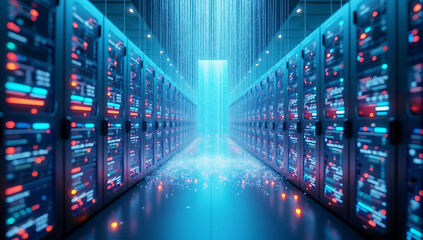 A futuristic server farm surrounded by a glowing digital rainstorm representing data flow and cloud computing.