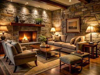 Inviting Living Room With Cozy Sofa, Chair, and Fireplace Surrounded by Rustic Wild Stone Cladding in a Mid-Century Home Interior Setting