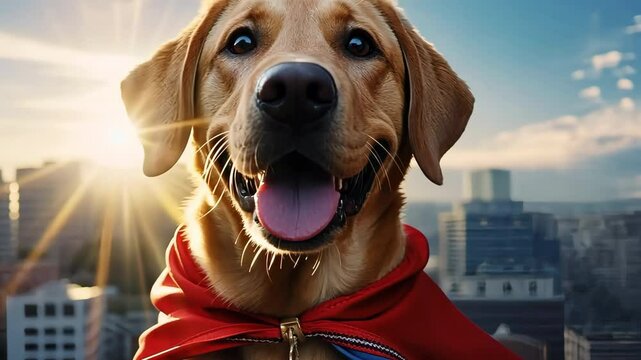 Happy labrador retriever becomes a superhero in a city, wearing a red cape. Basking in sunlight, the playful pet exudes heroism and courage, embodying hope and inspiration