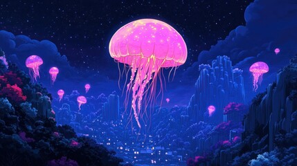 Naklejka premium Pink bioluminescent jellyfish illuminate a fantasy night landscape.