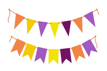 Obraz premium Festive Pennant garland on rope in trendy Halloween colors orange, yellow and purple. Set 2 elements