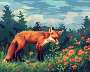 Pixelated Fox in Floral Meadow: A charming pixelated fox wanders through a vibrant meadow filled with wildflowers and lush greenery, its curiosity piqued by the fragrant blossoms.