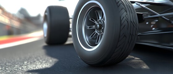 Close-up of a racing car tire on a track, emphasizing design and performance.