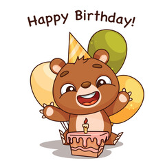 A cute cartoon bear with a party hat, balloons, and a birthday cake, perfect for birthday celebrations.