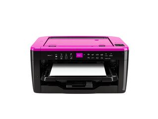 Fototapeta premium Modern pink printer with paper tray extended, showcasing sleek design against a transparent background. Perfect for office tech.