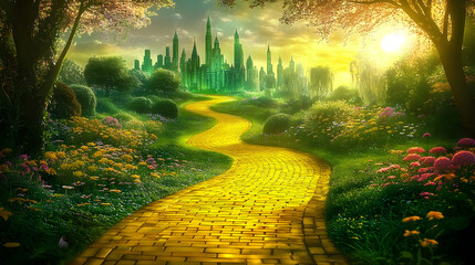 Fototapeta premium Enchanted yellow brick road leading to magical emerald city in springtime , Fantasy, Oz, Magicians