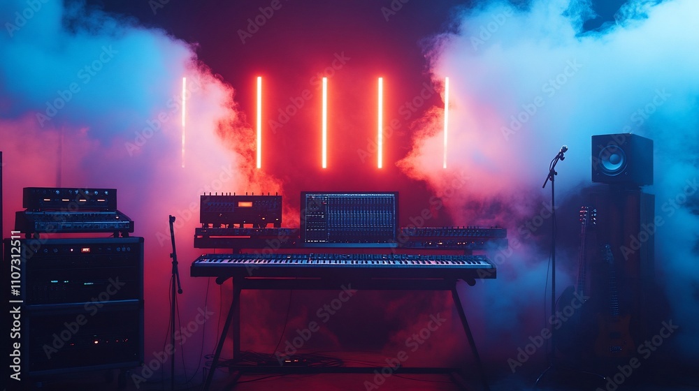 Poster a music production setup with synthesizers and atmospheric lighting.