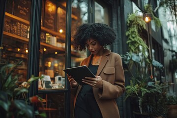 Young woman using a tablet outside a cozy cafe with plants in the background during an evening setting. Generative AI