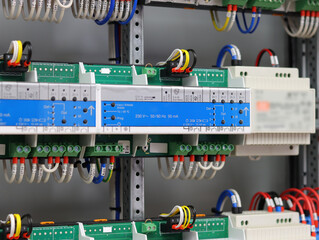 Automation modules in an electrical switchboard. Soft focus. Close-up.