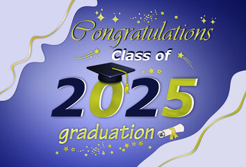  Congratulation class 0f 2025 graduation background template in violet -gold colors design. Education, lgraduation, congratulation , invitation  horizontal template .Free copy space for short message.