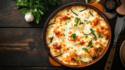 Baked casserole with browned cheese on top, garnished with parsley, alongside fresh parsley and garlic on a wooden table