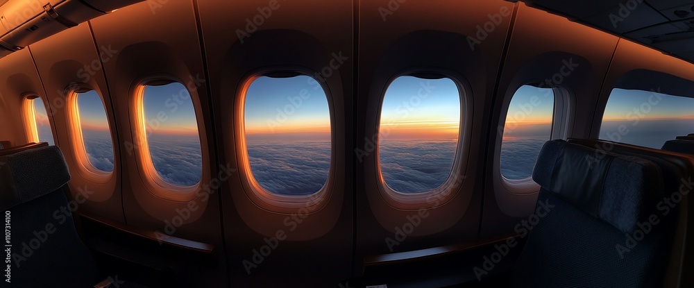 Poster a panoramic view of airplane windows at sunset above the clouds.