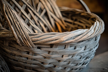 A fragment of a wicker basket painted grey or silver. Woven pattern and texture. A handcrafted traditional vineyard equipment