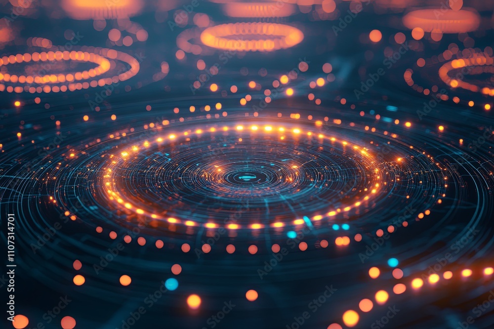 Poster vibrant circular patterns of light in a digital landscape created during an evening design session. 