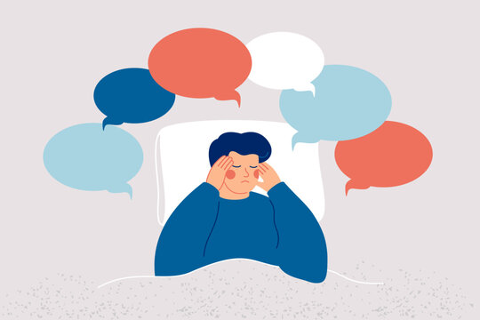 Young man overthinking before the sleep in the bed. Anxiety and intrusive thoughts in male mind in night. Stress and insomnia concept. Mental disorder vector illustration