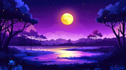 Nighttime Lake Scene with Full Moon and Silhouetted Trees