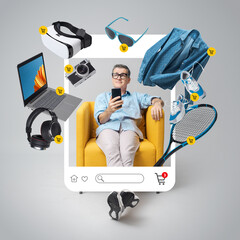 Happy man ordering products online