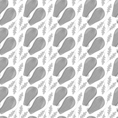Salmon steaks and Arugula leaves Seamless Pattern in grayscale. Food Wallpaper or background texture