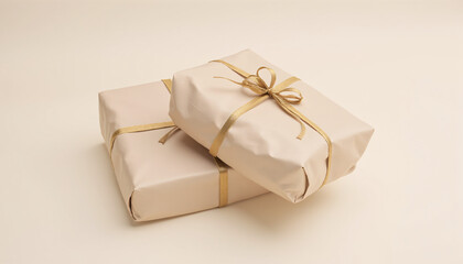 Elegantly Wrapped Beige Presents with Gold Ribbon Creating Modern Minimalist Gift Display