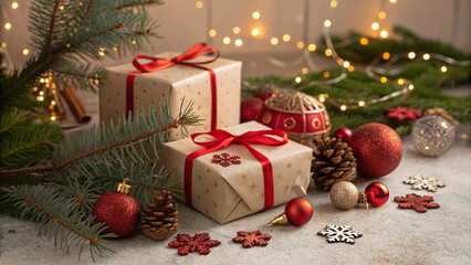 Festive Christmas scene with wrapped gifts in red ribbon, ornaments, and pine branches creating a cheerful holiday atmosphere
