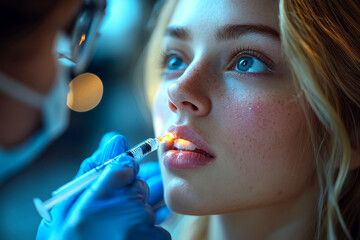 Fototapeta premium Close Up of Cosmetic Lip Injection Procedure in a Modern Sterile Clinic