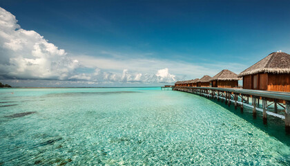 Stunning overwater bungalows set against a tranquil lagoon under a bright blue sky invite travelers to experience paradise