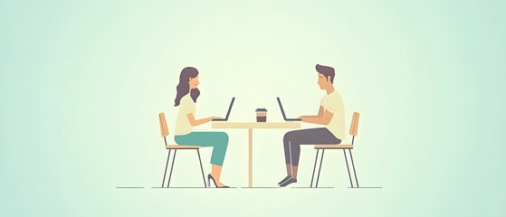Fototapeta premium Modern Couple Working Remotely on Laptops at Minimalist Table