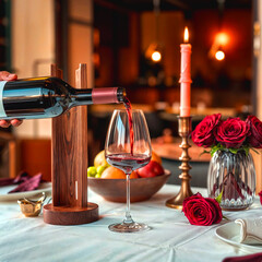 Red wine pouring into glass on romantic dinner table, luxury restaurant, red wine bottle, dining table and wine
