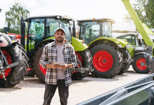 Caucasian man in plaid shirt standing with a digital tablet next to tractors at an agricultural equipment dealership.