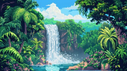 Pixel Paradise Waterfall: A vibrant pixel art landscape depicting a lush tropical waterfall cascading into a crystal-clear pool.