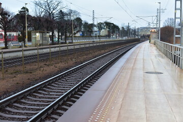 Railway platform Majori, Jurmala Latvia. Latvia with railway tracks