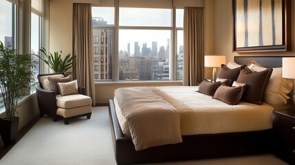 Fototapeta premium Contemporary bedroom with sleek design elements. Beige bed adorned with neutral bedding complements brown accents. Expansive windows showcase captivating city views