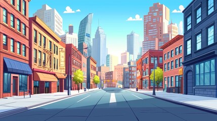 A City Street Scene with Tall Buildings and a Sunny Day