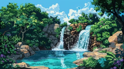 Naklejka premium Pixelated Paradise: A digital masterpiece depicting a serene waterfall cascading into a crystal-clear pool, surrounded by lush foliage and a bright blue sky.