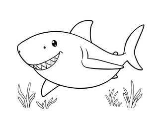 Naklejka premium Adorable Hand-Drawn Shark Illustration: Ocean Scene Coloring Page. AI Generated