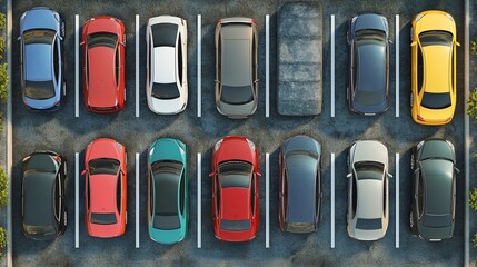 Aerial view of parking lot with colorful cars. 3D rendering.