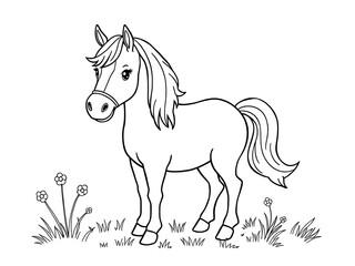 Adorable Hand-Drawn Pony Illustration in a Wildflower Meadow. AI Generated